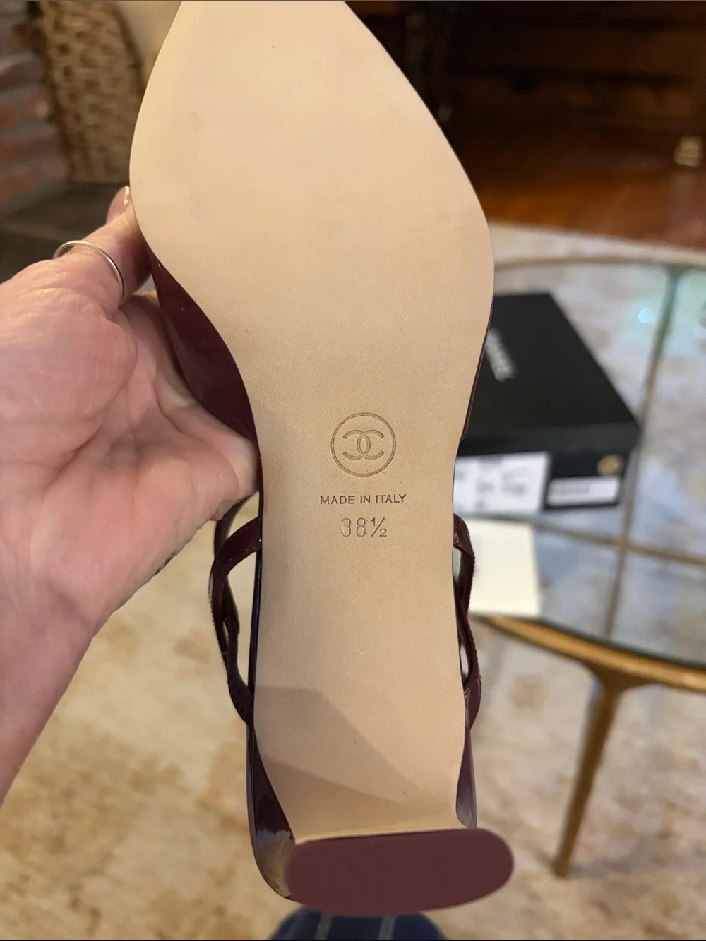 CHANEL Burgundy Patent Leather Square-Toe Slingback Mules. Brand New. Size 8.5